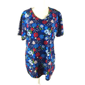 Zoe + Chole Women's Scrub Top Size Large Navy Blue Floral Artistic Polyester...